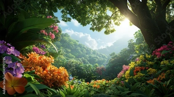 Fototapeta A lush, vibrant landscape filled with colorful flowers and dense greenery, illuminated by sunlight filtering through the trees.