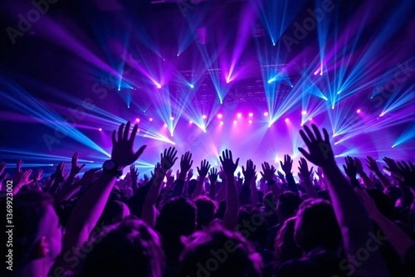 Fototapeta Crowd of people with raised hands at a music concert with vibrant purple and blue lighting effects on a dark background, concept of celebration. Ai generative
