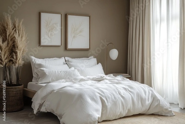 Obraz A cozy bedroom with beige walls showcases a comfy bed dressed in white linens, accented by earthy decor and natural light filtering through curtains
