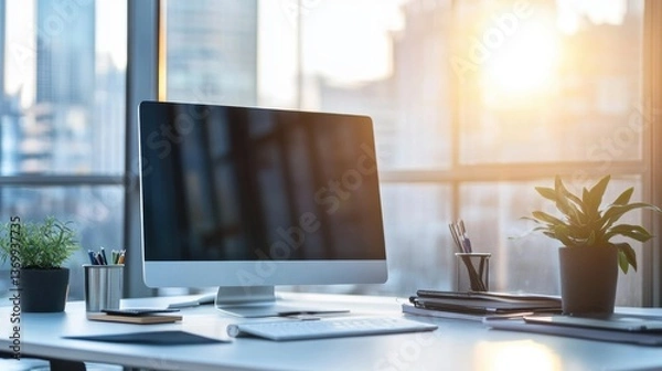 Fototapeta A clean and modern workspace with a focus on data-driven business strategies.