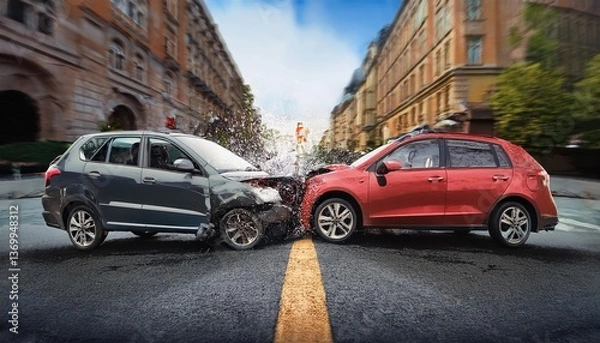 Fototapeta Colliding vehicles create chaos as two cars crash at high speed in an urban environment, showcasing significant damage and debris scattering