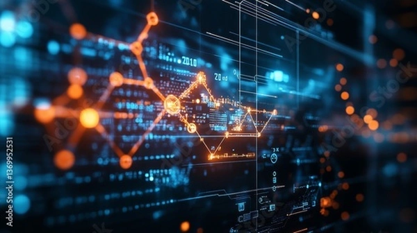 Obraz Digital interface displaying data analytics and network connections in a futuristic environment
