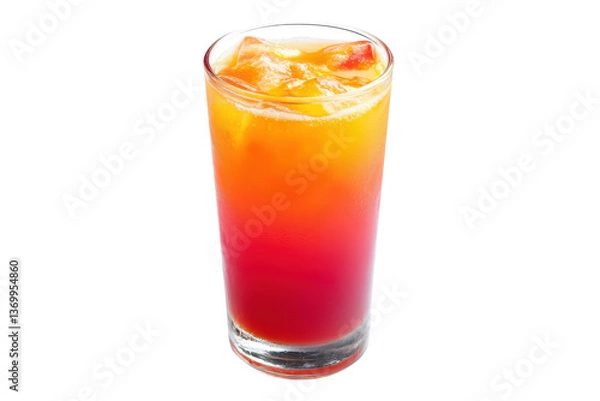 Fototapeta A tall glass of layered red orange and yellow cocktail with ice Isolated on transparent background, PNG