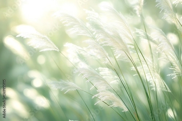 Fototapeta Tall grass dances softly as the wind flows through it, illuminated by warm sunlight, creating a peaceful atmosphere in nature