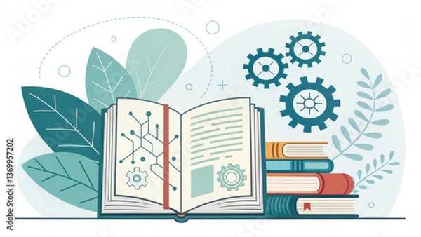 Fototapeta open book with gears and circuit patterns symbolizes intersection of technology and education, surrounded by leaves and stacked books, representing growth and knowledge
