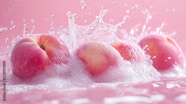 Fototapeta Splash of water is falling on a bunch of peaches. The peaches are floating in the water, and the splash creates a sense of movement and energy. The scene is playful and whimsical, with the water