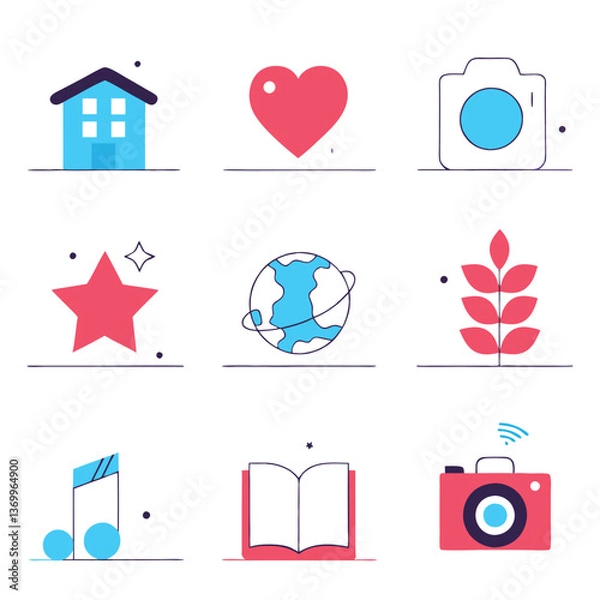 Obraz A vector set of web design icons features business symbols, a heart for love, a home sign, a mail button, a computer logo, an arrow element, a website star, and a media collection illustration