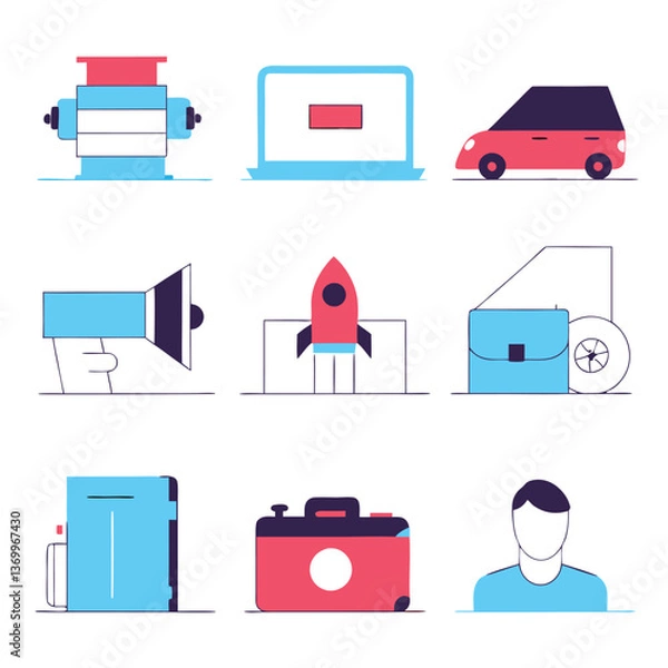 Obraz A flat vector set of computer and web design icons offers business, technology, and transport symbols for website interfaces