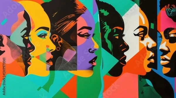 Obraz Geometric pop art human faces expressing vibrant emotions in abstract colorful composition. Diversity, psychology concept background