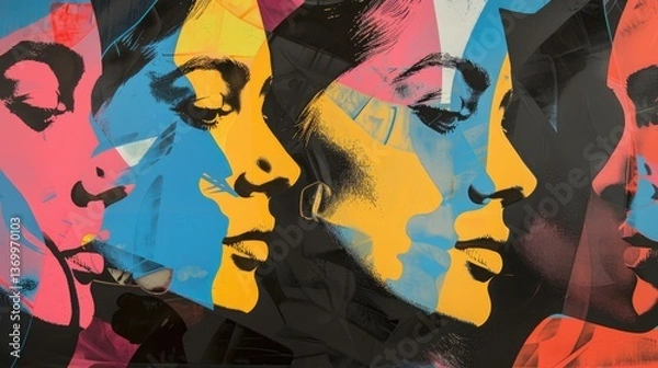 Obraz Geometric pop art human faces expressing vibrant emotions in abstract colorful composition. Diversity, psychology concept background