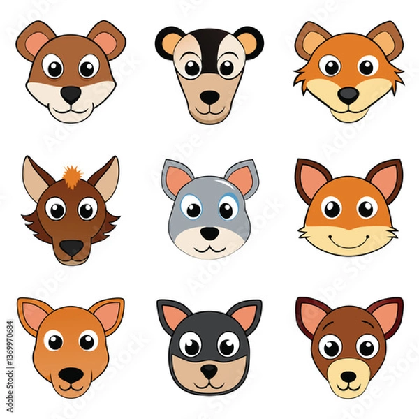 Fototapeta Cute cartoon animal faces, smiling expressions, round eyes, simplified features, colorful characters, bear, dog, fox, wolf, mouse, cat, chihuahua, diverse animals, child-friendly style, sticker set de