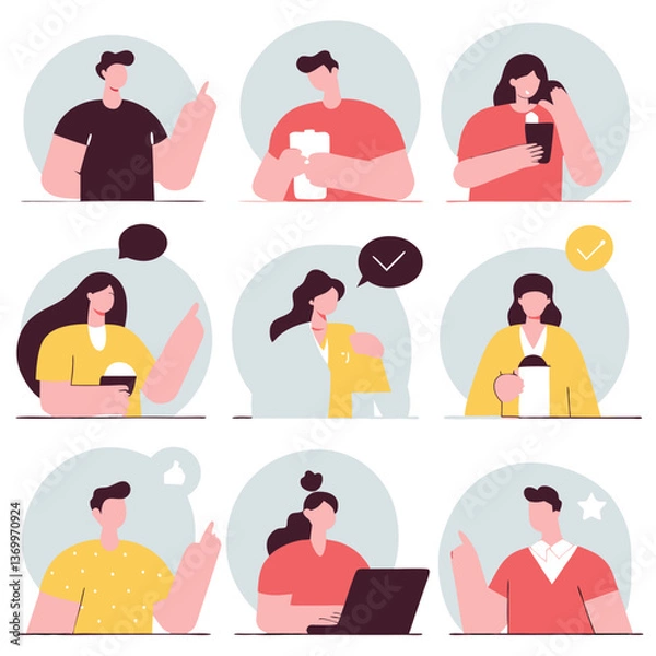 Obraz Flat illustration, diverse people avatars, circular frames, pastel background, simple vector style, social media profiles, various activities, technology users, communication concepts