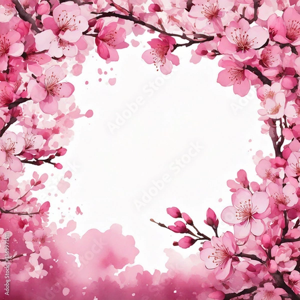 Obraz 수채화 스타일의 벚꽃 프레임, 우아한 봄 느낌의 플로럴 배경