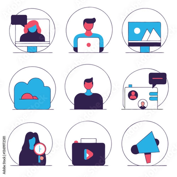 Fototapeta Flat design icons, social media concepts, digital marketing elements, blue and pink color scheme, circular frames, computer screens, laptop user, cloud storage, user profile, messaging bubbles