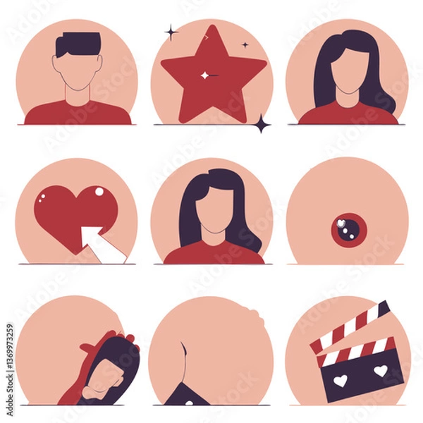 Fototapeta Minimalist icon set, social media avatars, pink and red color scheme, flat design, circular frames, star symbol, heart icon, movie clapperboard, profile silhouettes, simple geometric shapes