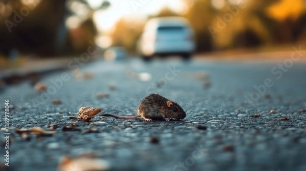 Fototapeta Mouse encounter on a quiet street urban environment wildlife photography close-up view of nature's struggles