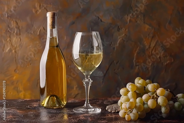 Fototapeta Bottle of white wine and a wine glass are on a table with a bunch of grapes. The wine glass is half full, and the bottle is almost empty