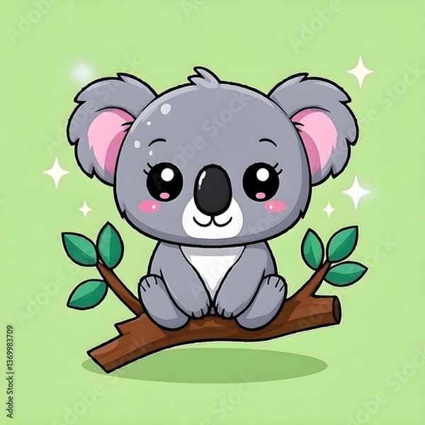 Obraz Playful Kawaii Koala Sitting on a Tree Branch with Leaves Cute Cartoon