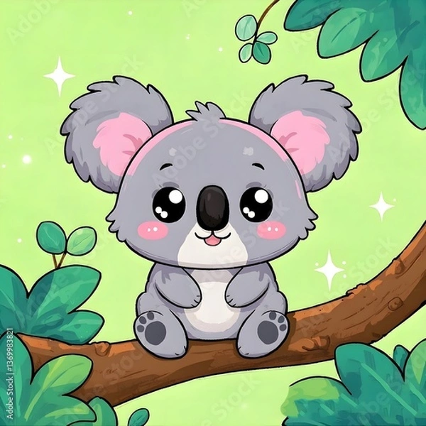 Obraz Happy Kawaii Koala with Small Smile and Chubby Body on Solid Background