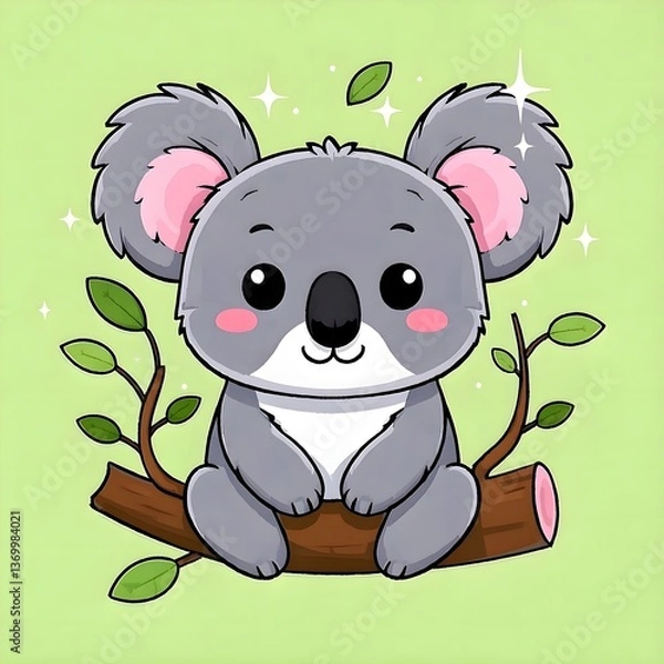 Obraz Sweet Kawaii Koala Bear Sitting on a Tree with Solid Color Background