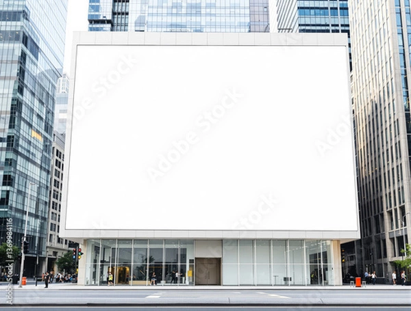 Fototapeta Huge blank billboard on exterior of glass building, modern architectural background, empty space for advertising or design showcase. Ai generative