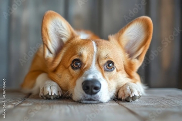 Fototapeta Scared Pembroke Welsh Corgi dog sitting at the veterinarian on table, professionals vet checking the health of cute pet at the vet clinic
