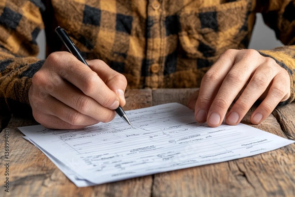 Fototapeta Close-up view of a person filling out a car insurance claim form on a rustic wooden table