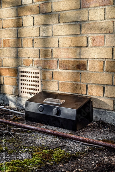 Obraz Black rodent bait and trap station being used outside a building to control rats.