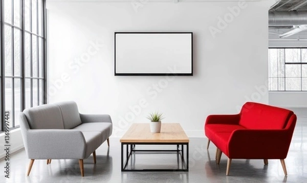 Fototapeta Bright waiting area with a gray sofa, red loveseat, and blank monitor for customization.