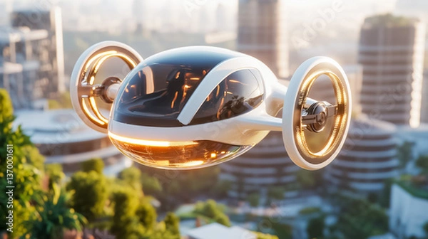Fototapeta Flying vehicle hovering effortlessly above vibrant cityscape. Sleek design showcases advanced technology against backdrop of modern skyscrapers