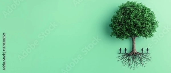 Fototapeta A stylized tree with people standing near its roots, set against a mint green background, symbolizes growth, connection, and environmental awareness.