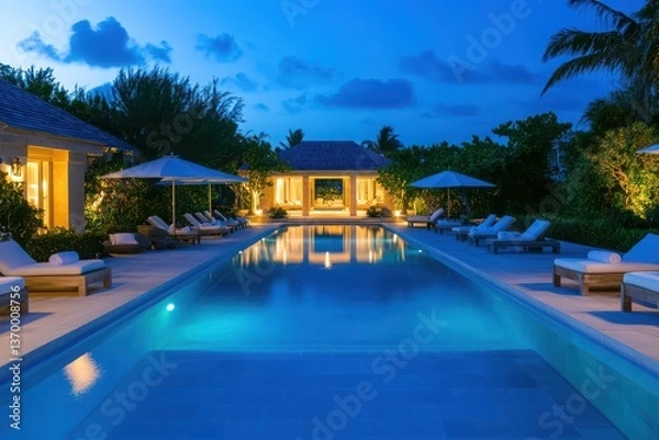 Fototapeta Illuminated pool at dusk with lounge chairs and a covered structure reflecting light on water transparent background