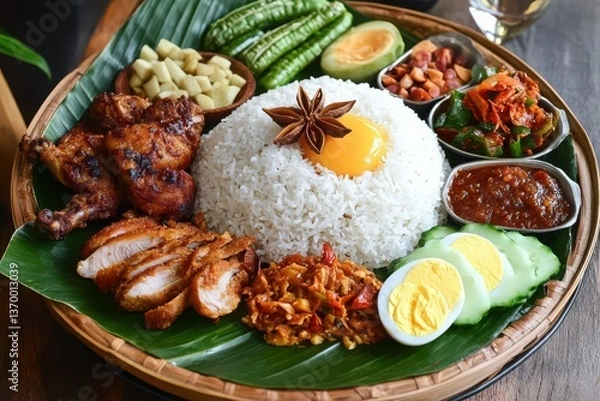 Fototapeta A vibrant nasi lemak dish with chicken egg and various side dishes on a banana leaf platter transparent background