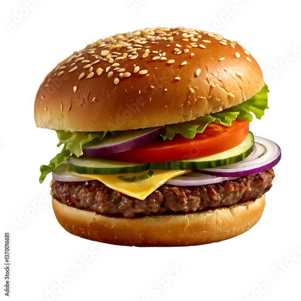 Fototapeta  Highly realistic hamburger with juicy beef patty, melted cheese, and fresh vegetables, on transparent background