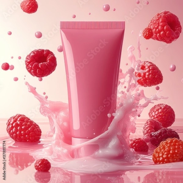 Fototapeta Raspberry blush, skincare product presentation with splash effect