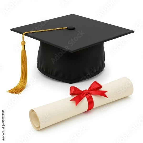 Fototapeta Graduation cap with tassel and diploma tied with red ribbon on a white background studio shot