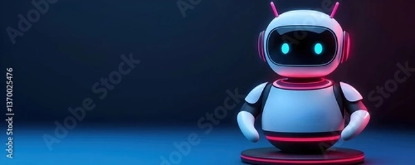Fototapeta Friendly Robot Character with Neon Accents on a Dark Background