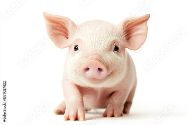 Fototapeta  A charming little piglet with a sweet expression, set against a white background. 