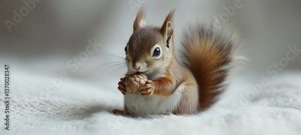 Fototapeta  A charming little squirrel holding an acorn, sitting cutely on a white surface. 