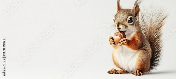 Fototapeta  A charming little squirrel holding an acorn, sitting cutely on a white surface. 