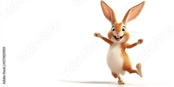 Fototapeta  A cheerful rabbit with long ears hopping playfully against a white background. 