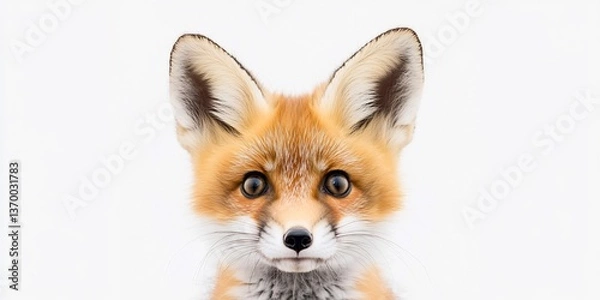 Fototapeta  A curious little fox cub peeking out from behind a white background. 