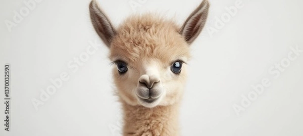 Fototapeta  A cute baby llama peeking out playfully from behind an imaginary object on a white backdrop. 