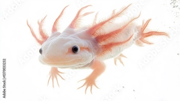 Fototapeta  A cute little axolotl swimming gracefully in an imaginary pond against a white backdrop. 