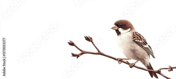 Fototapeta  A cute little finch perched on an imaginary branch, surrounded by a white backdrop. 