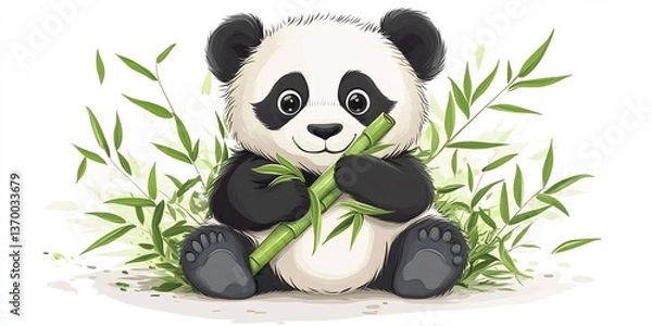 Fototapeta  A cute panda cub sitting and munching on bamboo, surrounded by a white background. 