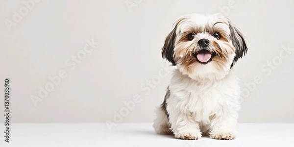 Fototapeta  A fluffy, happy Shih Tzu dog sitting playfully on a pure white surface. 