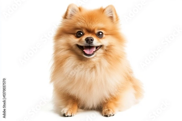 Fototapeta  A fluffy Pomeranian dog with a big smile, sitting playfully on a white surface. 