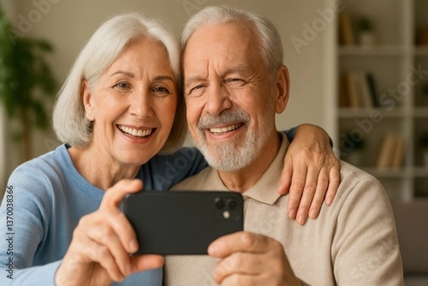Fototapeta Cherished Moment: A smiling senior couple captures a selfie, their faces radiating joy and contentment in a tender display of love and connection.
