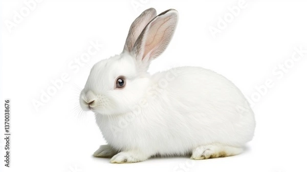 Fototapeta  A fluffy white rabbit with long ears, sitting in a relaxed pose on a white background. 